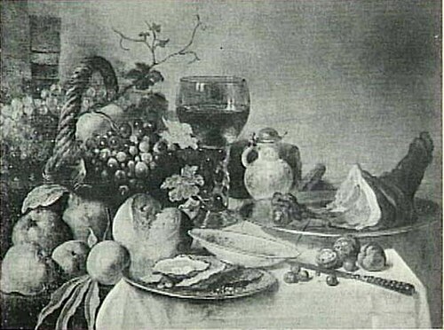 Still life with fruit, oysters, ham and bread, 1652, Roelof Koets