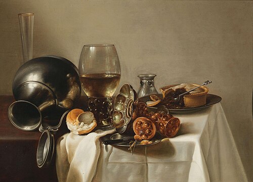 Banquet still life with a rummer of wine, a toppled-over pewter jug, precious vessels, a pastry and , 1650, Roelof Koets