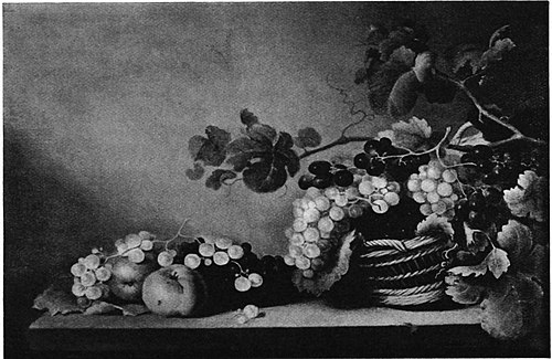 Still life with grapes falling out of an upturned basket on a table, 1650, Roelof Koets