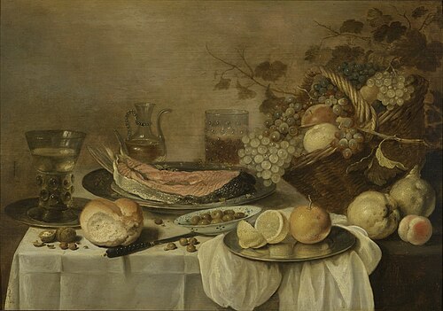 Still life with salmon and fruit basket, 1650, Roelof Koets