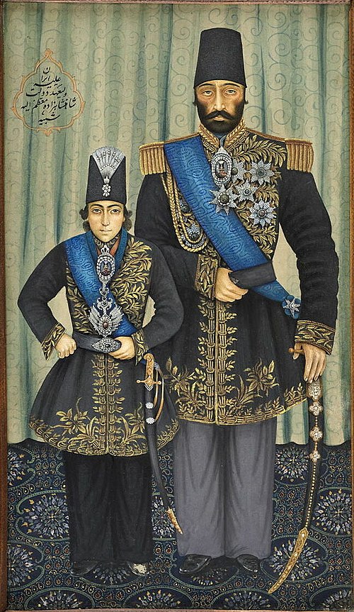 Portrait de Muzaffar al-Din Shah et de Aziz Khan Mukri, 1865, Muhammad Hasan Afshar