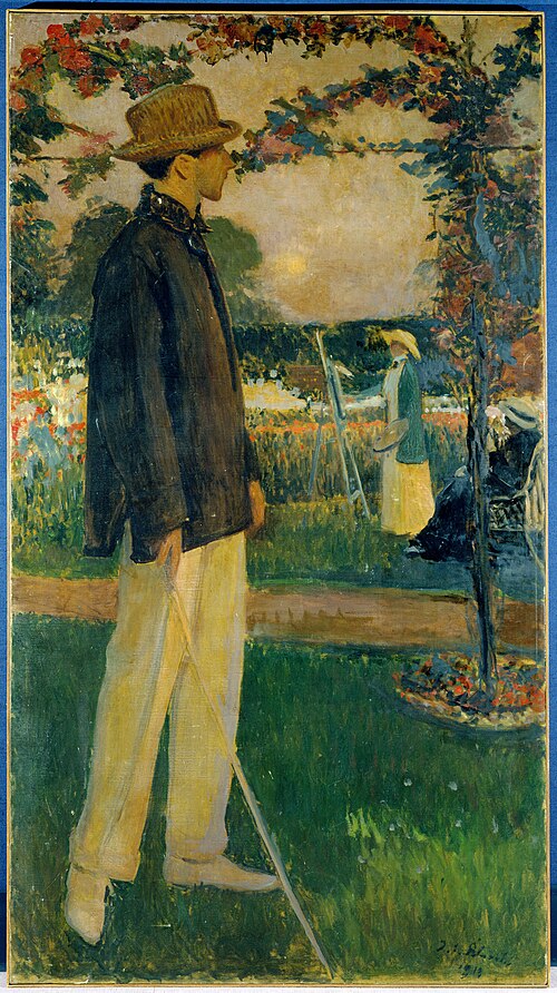 Portrait de Jean Cocteau (1889-1963), écrivain, dans le jardin d'Offranville, 1913, Jacques-Émile Blanche