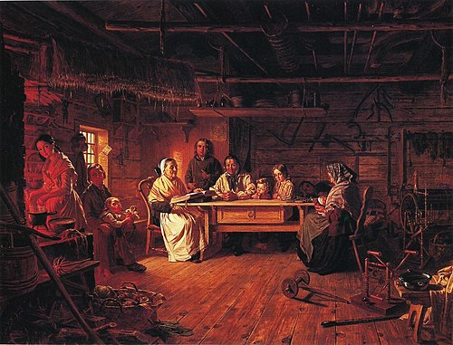 Sunnuntaiaamu talonpoikaistuvassa, 1857, Robert Wilhelm Ekman