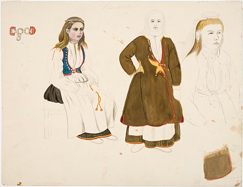 Harjoitelmia Kaukolalaisista talonpoikaisnaisista kansallispuvuissa, , Robert Wilhelm Ekman