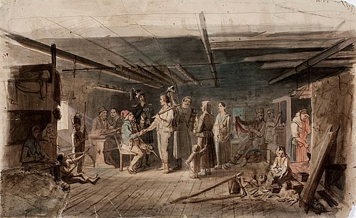 Värväys hämäläisessä talonpoikaistuvassa, luonnos venäläiselle kruununperijälle 1851 maalattuun öljy, 1851, Robert Wilhelm Ekman