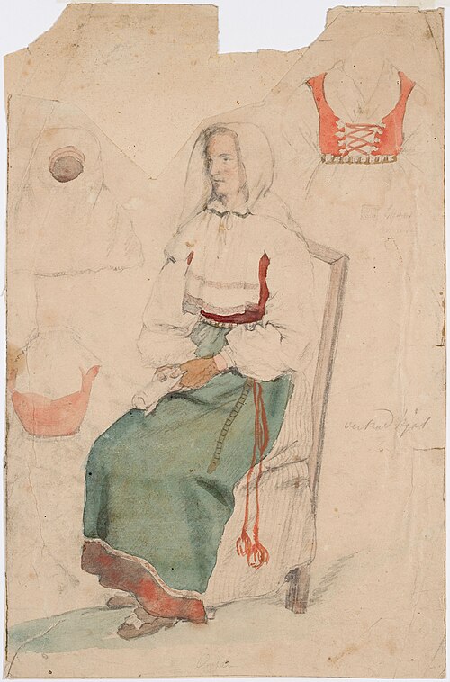 Kädet sylissä istuva nainen. Sivuilla harjoitelmat kolmesta vaatekappaleesta., , Robert Wilhelm Ekman