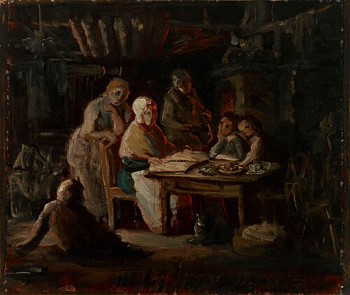 Söndagskväll hos farmor (Farmors födelsedag), skiss, 1861, Robert Wilhelm Ekman