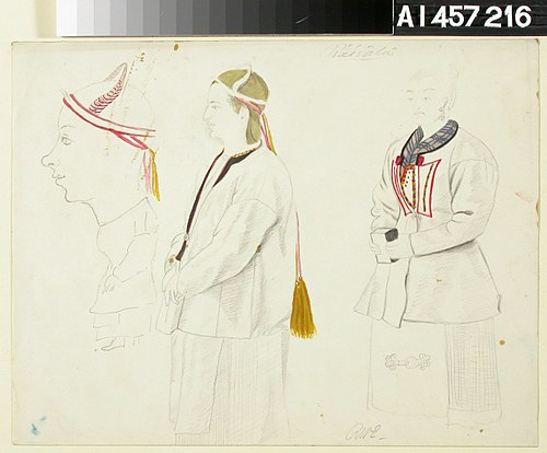 Kolme räisäläläistä talonpoikaisnaista, yksi karrikoitu, , Robert Wilhelm Ekman