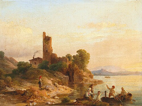 Italienische Landschaft mit Fischern am See, 1859, Károly Markó