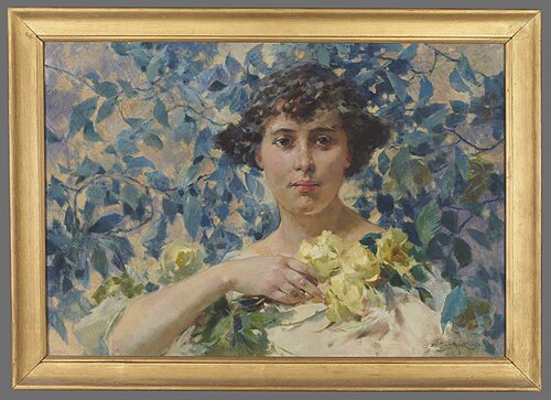 Woman against blossoming shrubs, 1920, Zdzisław Jasiński
