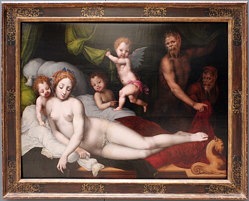 Jupiter als sater met Antiope en hun kinderen Amphion en Zethos, 1600, Vincent Sellaer