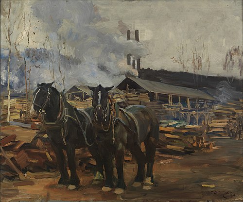 A Team of Blacks and a Mill, 1910, Alfred Munnings