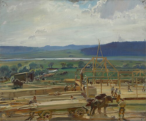 Building a Mill at Labergement, 1910, Alfred Munnings