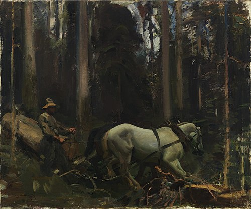 A Team Log-Skidding in the Forest, 1918, Alfred Munnings