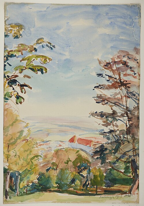 Landscape motif from Kalwaria Zebrzydowska. Tress and a red roof, 1918, Wojciech Weiss