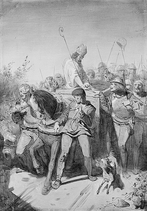Anno 1483. Bishop David of Burgundy captive on a dung cart to Amersfoort conducted, 1867, Johannes Hinderikus Egenberger