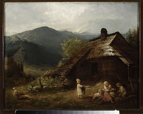 Children in front of a mountain Cottage, 1872, Aleksander Kotsis