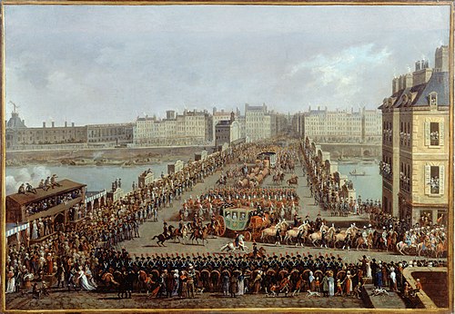 Le cortège impérial se rendant à Notre-Dame pour la cérémonie du sacre, le 2 décembre 1804. La trave, 1805, Jacques Bertaux
