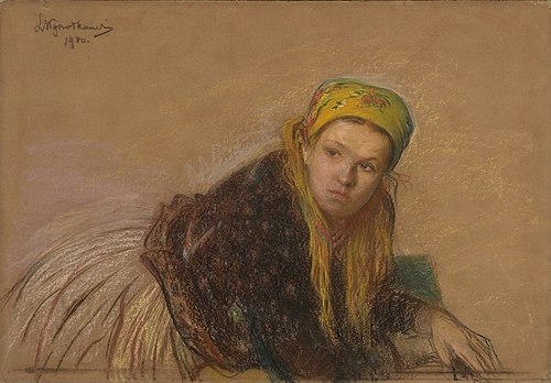 Country girl in a yellow shawl, 1900, Leon Wyczółkowski