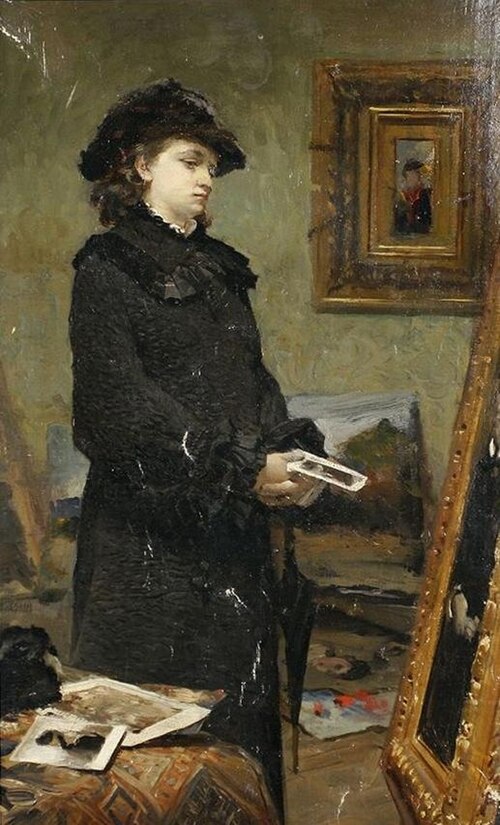 Portret młodej kobiety w pracowni malarza, 1883, Leon Wyczółkowski