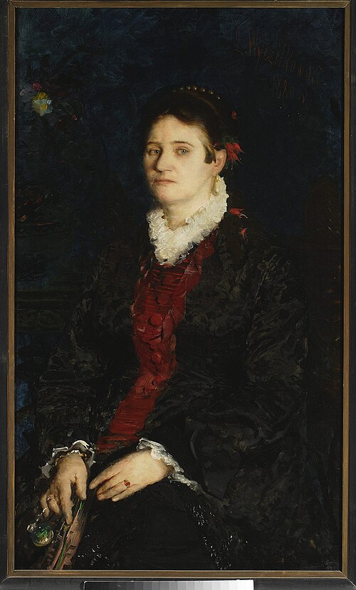 Portrait d'une femme à l'éventail (Portrait de Józefa Krotkiewska, tante d'artiste)., 1880, Leon Wyczółkowski