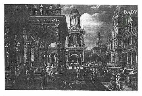 Garden + castle with promenading figures, 1573, Hans Vredeman de Vries