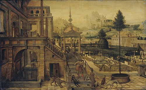 Palace Gardens with Poor Lazarus in the foreground, 1599, Hans Vredeman de Vries