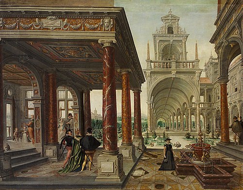 Love garden with elegant figures, 1596, Hans Vredeman de Vries