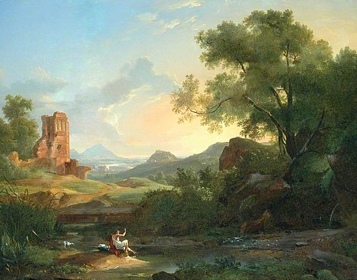 Landscape with a man frightened by a serpent among ruins, 1817, Achille Etna Michallon