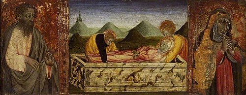 The Entombment of the Virgin with Saint Bartholomew (left) and a Female Saint (right), 1455, Giovanni di Paolo