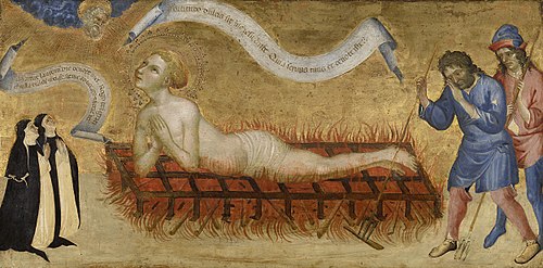 Martyre de saint Laurent avec deux nonnes bénédictines, 1425, Giovanni di Paolo