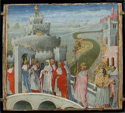 La Procession de saint Grégoire au château Saint-Ange, 1465, Giovanni di Paolo