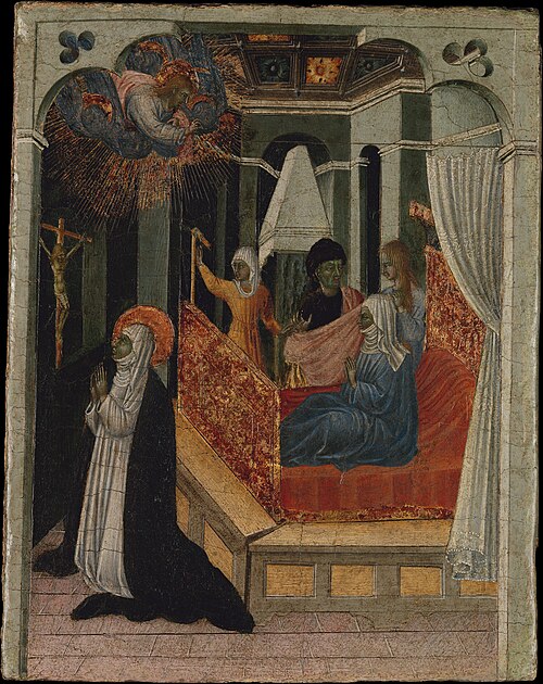 Saint Catherine of Siena Beseeching Christ to Resuscitate Her Mother, 1450, Giovanni di Paolo