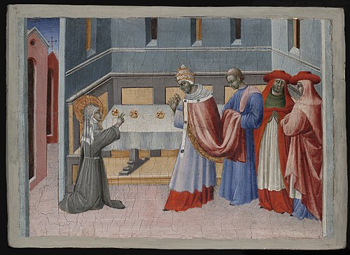 Saint Clare of Assisi Blessing the Bread before Pope Innocent IV, 1455, Giovanni di Paolo