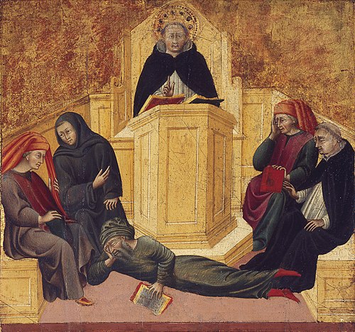 St. Thomas Aquinas Confounding Averroës, 1447, Giovanni di Paolo