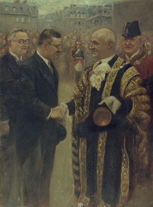 Sir George Broadbridge, lord-maire de Londres, serre la main M. Raymond Laurent, président du Consei, 1937, Noël Dorville