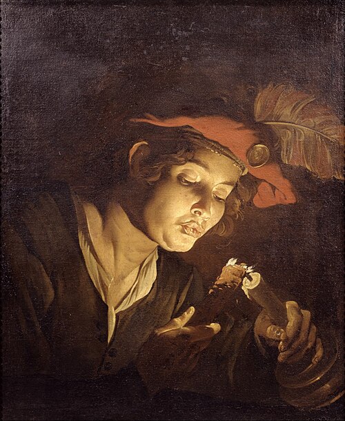 Boy lighting a candle from a wick, 1632, Matthias Stom