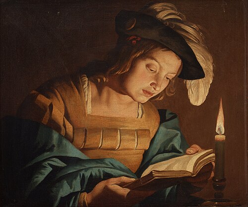 Boy reading by candlelight, 1650, Matthias Stom