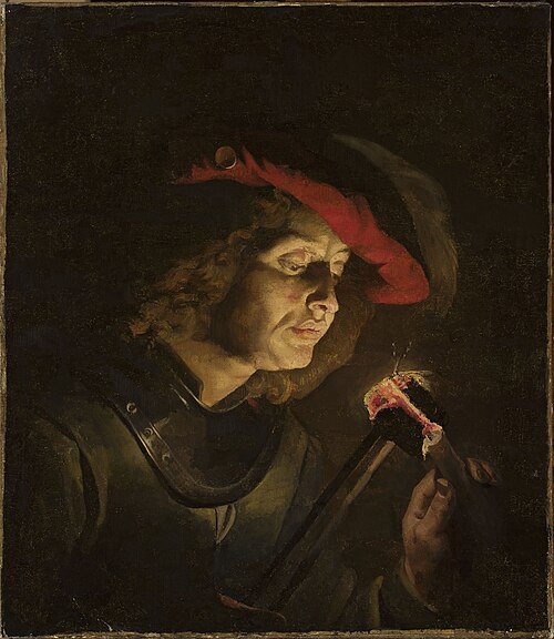 Soldier lighting a candle., 1630, Matthias Stom