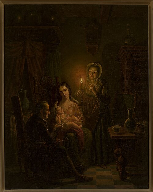 Family scene indoors by candlelight, 1850, Willem Thans