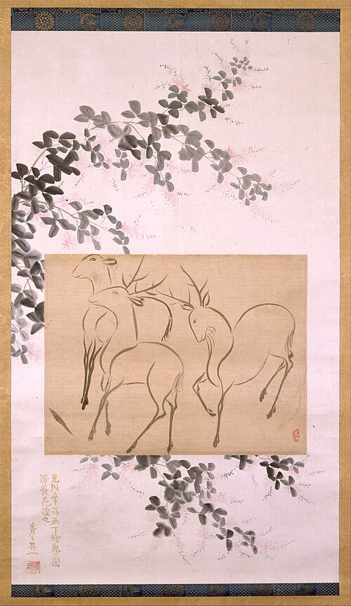Preliminary Drawing of Three Deer Mounted on a Hanging-scroll Painting of Flowering Bush Clover, 1766, Ogata Kōrin