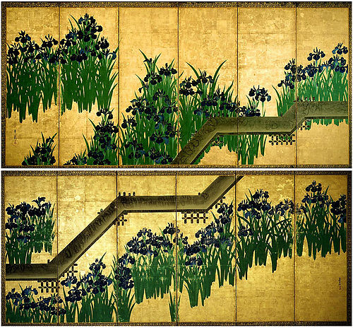 Irises at Yatsuhashi (Eight Bridges), 1750, Ogata Kōrin