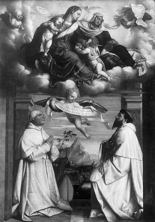Mary, Elisabeth, the child and the young st. John in glory, adored by two monks in white religious c, 1541, Alessandro Bonvicino