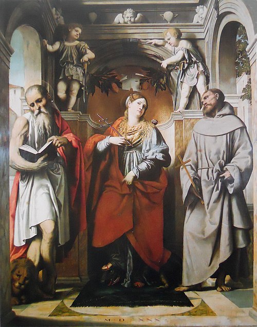 Saint Margaret of Antioch with Saints Jerome and Francis, 1530, Alessandro Bonvicino