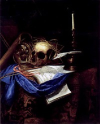 Vanitas-Stilleben mit einem Notenbuch, einer ungestürtzten Silberkanne und einem Totenkopf, 1650, Cornelis Norbertus Gysbrechts