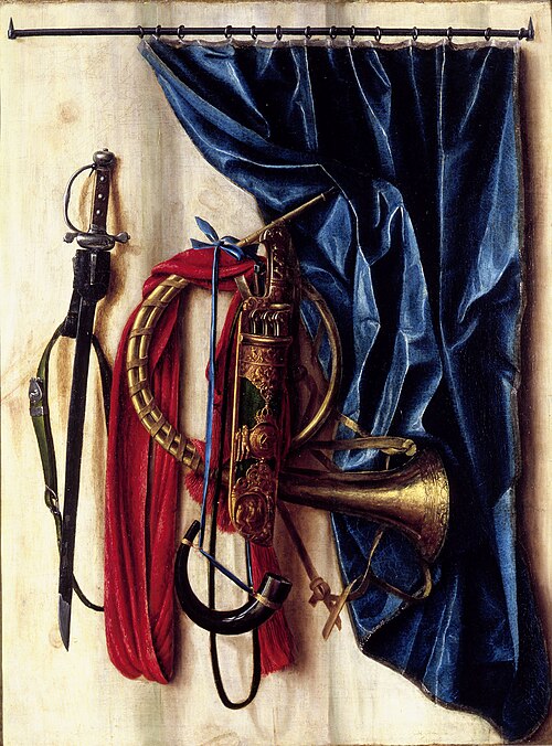 Trompe l'oeil with curtain and hunting implements, 1672, Cornelis Norbertus Gysbrechts