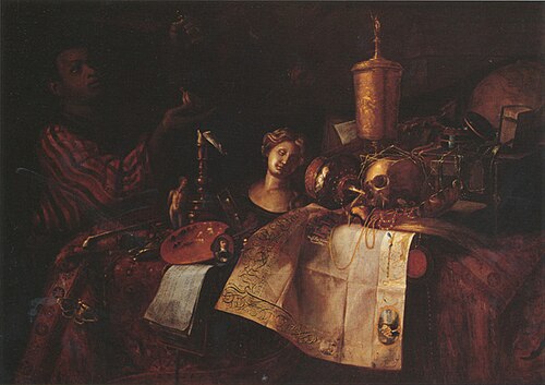 Vanitas still life with a young Moor presenting a pocketwatch, 1657, Cornelis Norbertus Gysbrechts