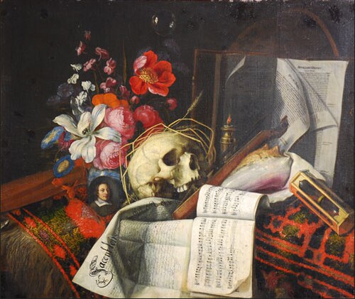 Vanitas still life with flowers, skull, documents and miniature portrait of the artist, 1662, Cornelis Norbertus Gysbrechts