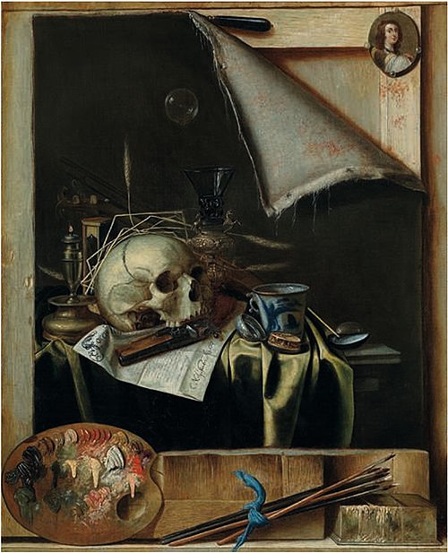 Trompe l’oeil Studio Wall with a Vanitas Still Life, 1664, Cornelis Norbertus Gysbrechts