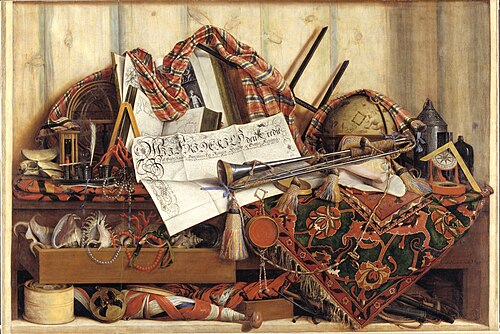 Trompe l'Oeil with Trumpet, Celestial Globe and Proclamation by Frederik III, 1670, Cornelis Norbertus Gijsbrechts